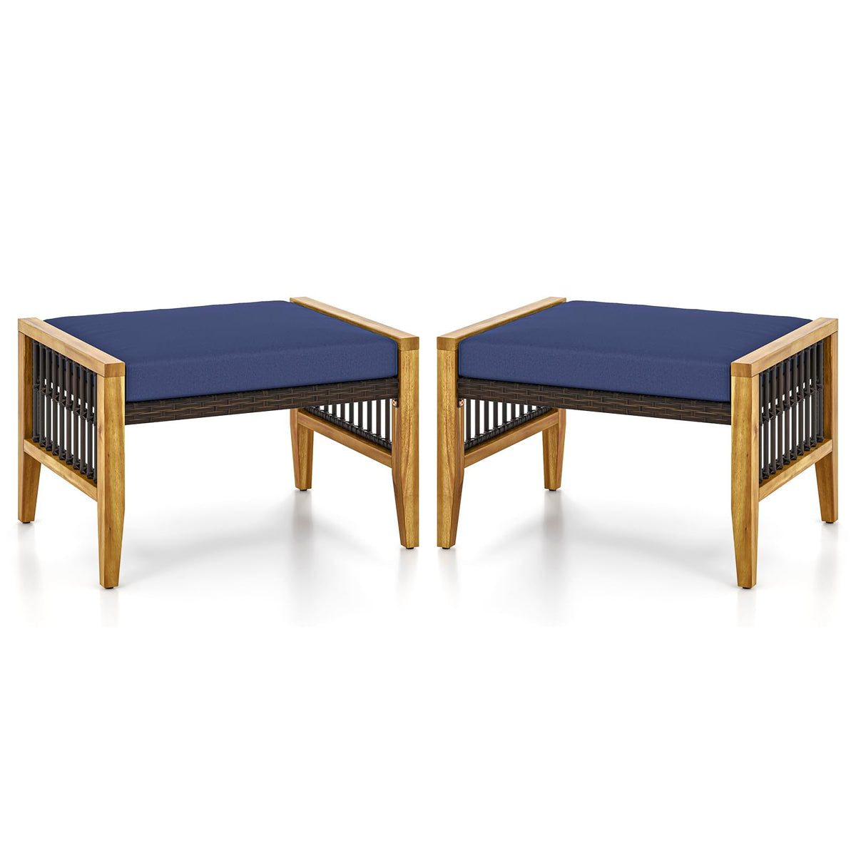 Tangkula Set Of 2 Outdoor Ottomans, Patio Acacia Wood Ottomans With Cushions, Versatile Rattan Woven Footstools, Wicker Footrest Extra Seating For Backyard, Poolside, Porch