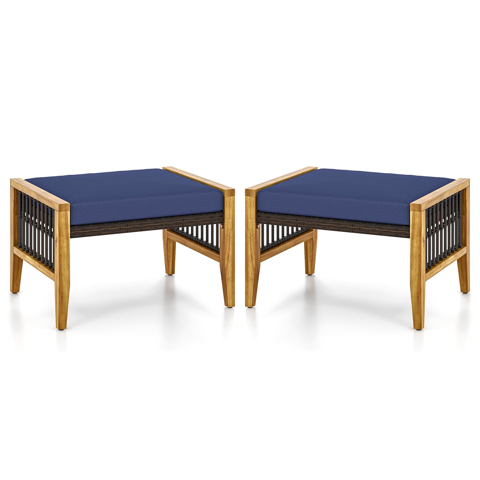 Tangkula Set Of 2 Outdoor Ottomans, Patio Acacia Wood Ottomans With Cushions, Versatile Rattan Woven Footstools, Wicker Footrest Extra Seating For Backyard, Poolside, Porch