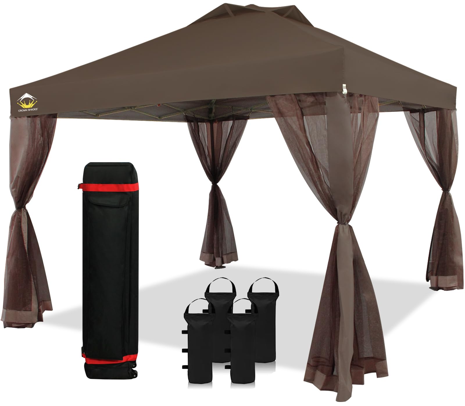 Crown Shades 10X10 Pop Up Canopy Tent, Pop Up Gazebo With Netting, 4 Ropes, 8 Stakes, 4 Weight Bags, Wheeled Storage Bag, 10X10