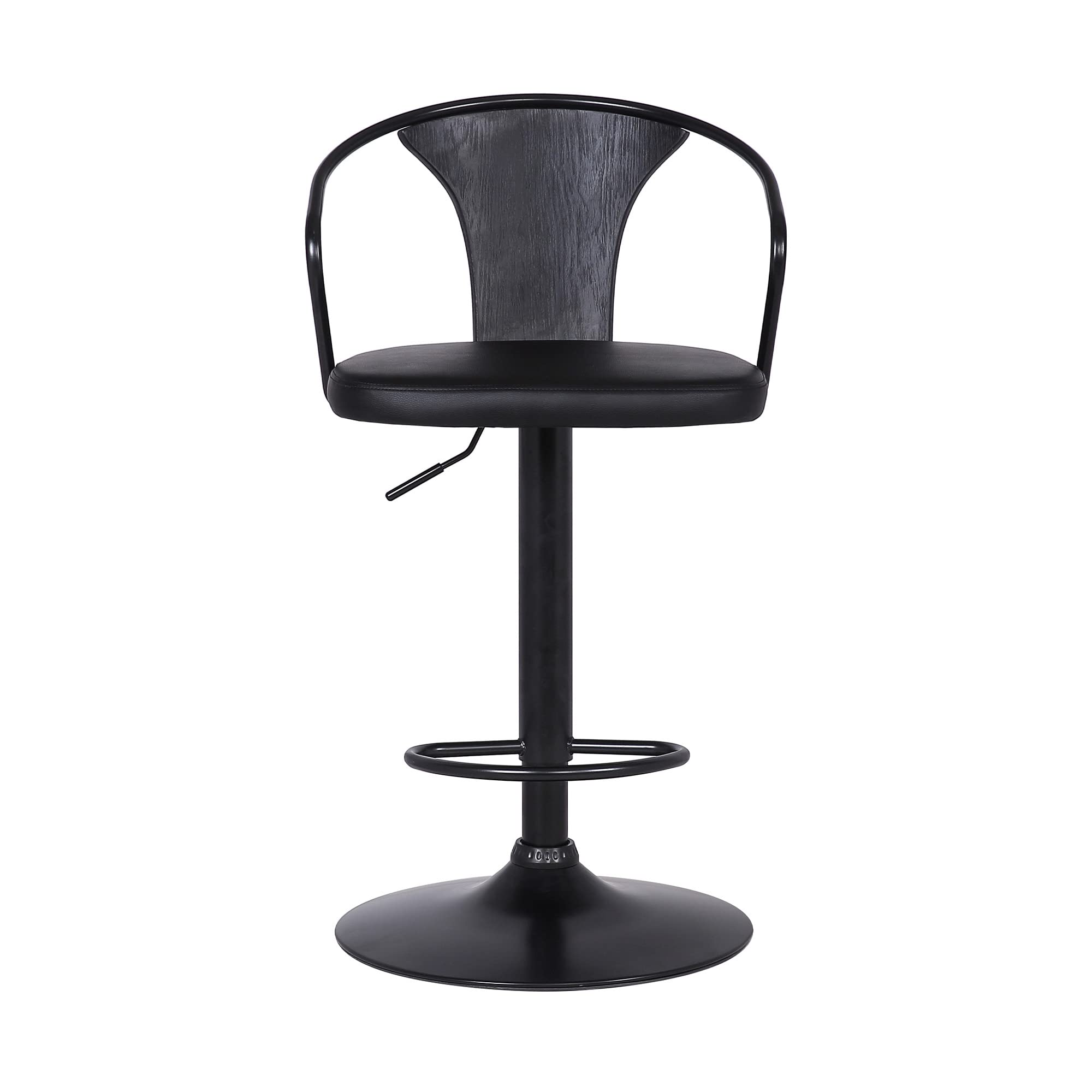 HomeRoots Black Steel,Faux Leather,Plywood Black Faux Leather & Metal Base Adjustable Bar Stool