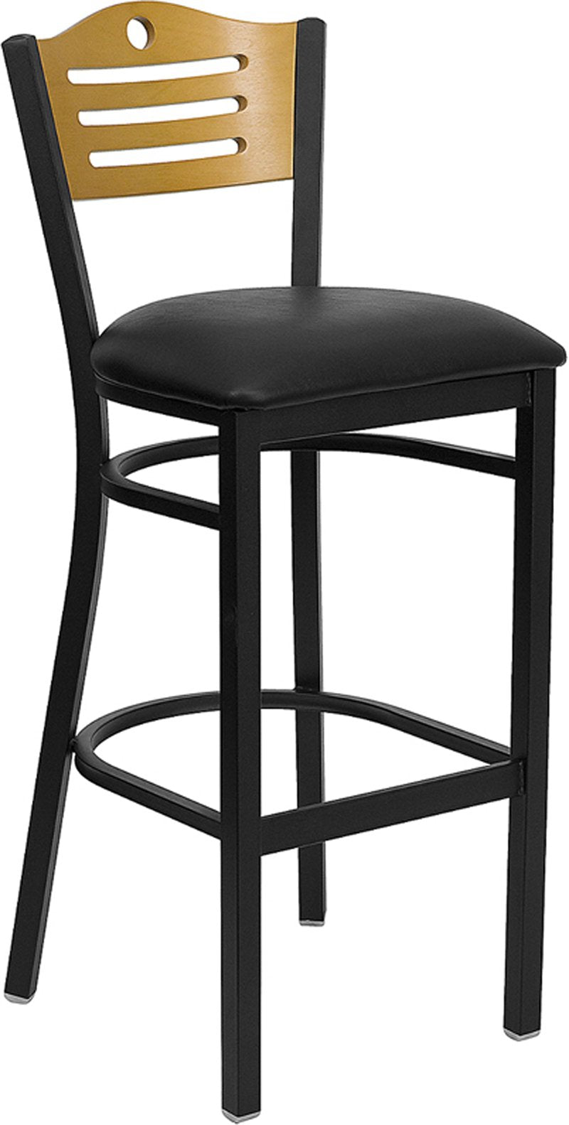 Flash Furniture HERCULES Series Black Slat Back Metal Restaurant Barstool - Natural Wood Back, Black Vinyl Seat