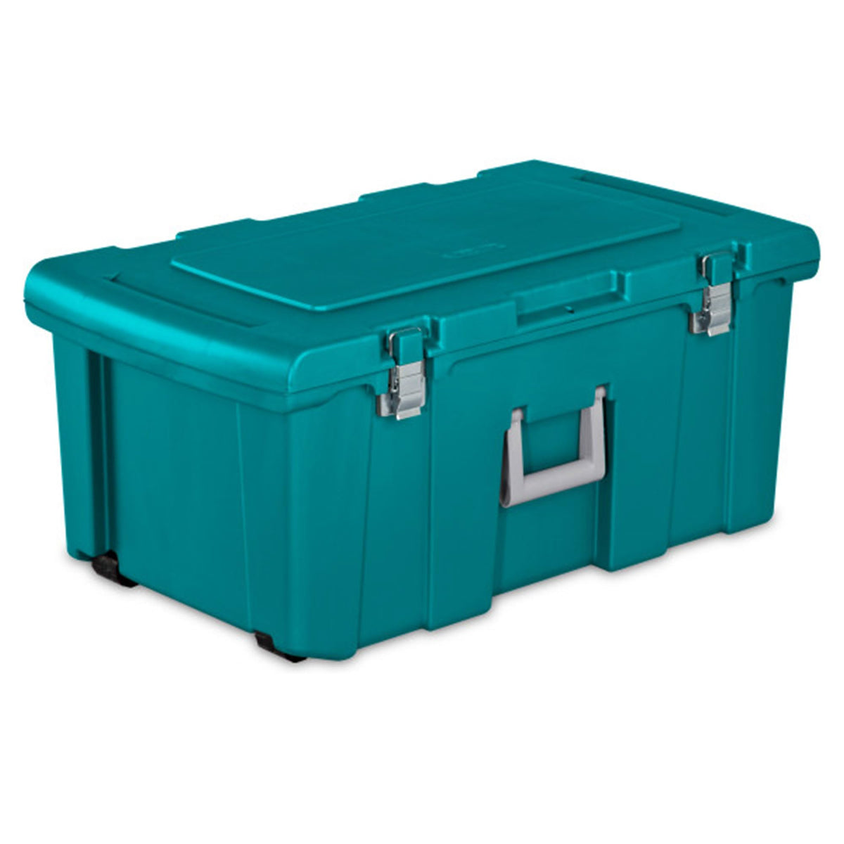 Sterilite 16 Gallon Lockable Storage Tote Footlocker Toolbox Container Box with Wheels, Metal Handles, and Latches, Teal with Gr