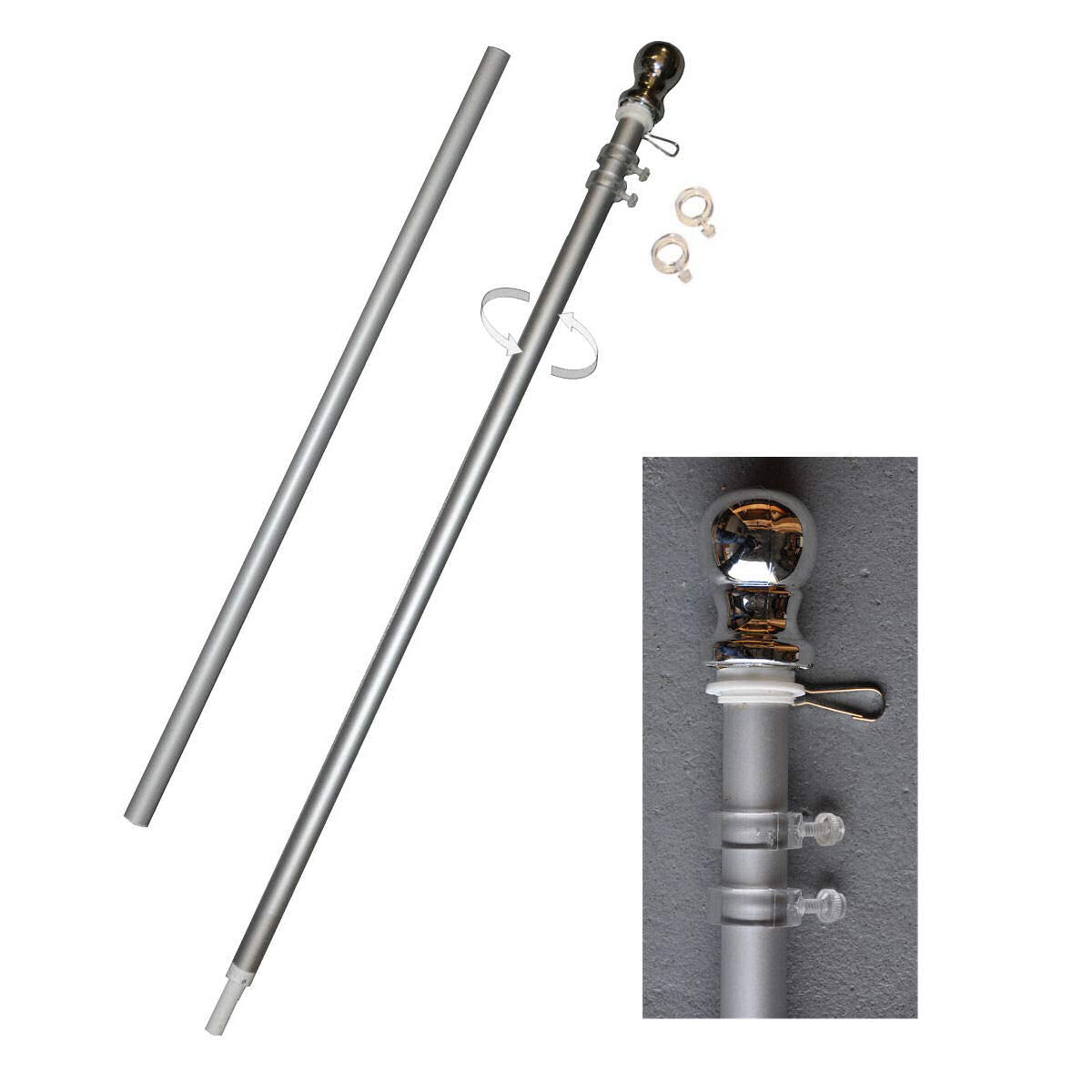 Sports Flags Pennants Company Aluminum 6 Foot Spinning Silver Flagpole For Grommet Or House Flag