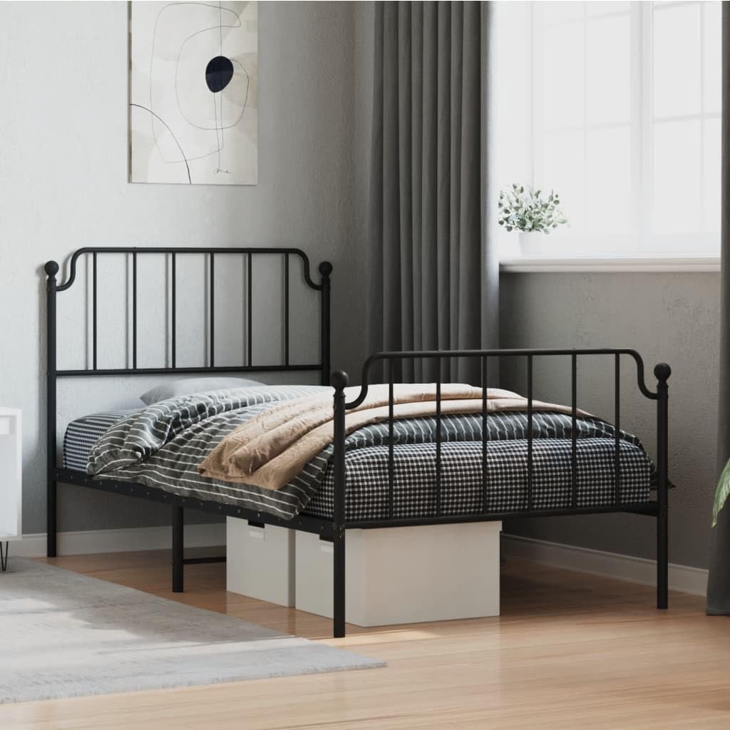 vidaXL Black Steel Bed Frame with Headboard and Footboard, Robust Metal Construction, Extra Storage Underneath, Mattress Support with Metal Slats and Legs