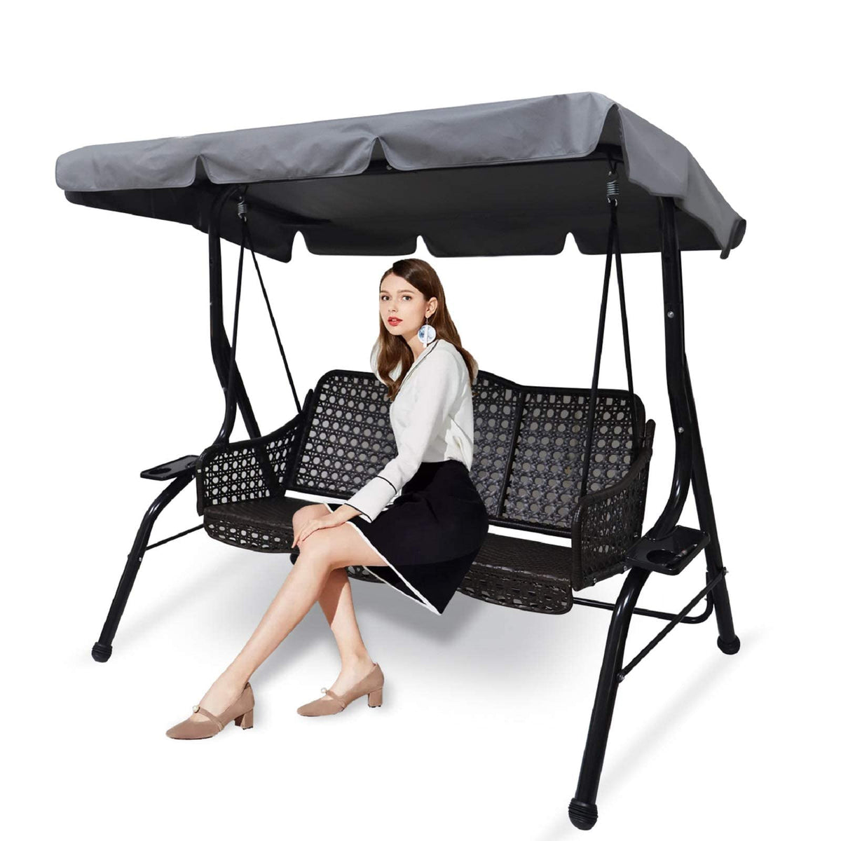 Outdoor Patio Swing Chair Canopy Replacement, 3 Seater Porch Swing Seat Canopy Cover, Waterproof Windproof Anti-Uv Heavy Duty Rip Proof Garden Hammock Top Cover, Garden Furniture Covers (Grey, Small)
