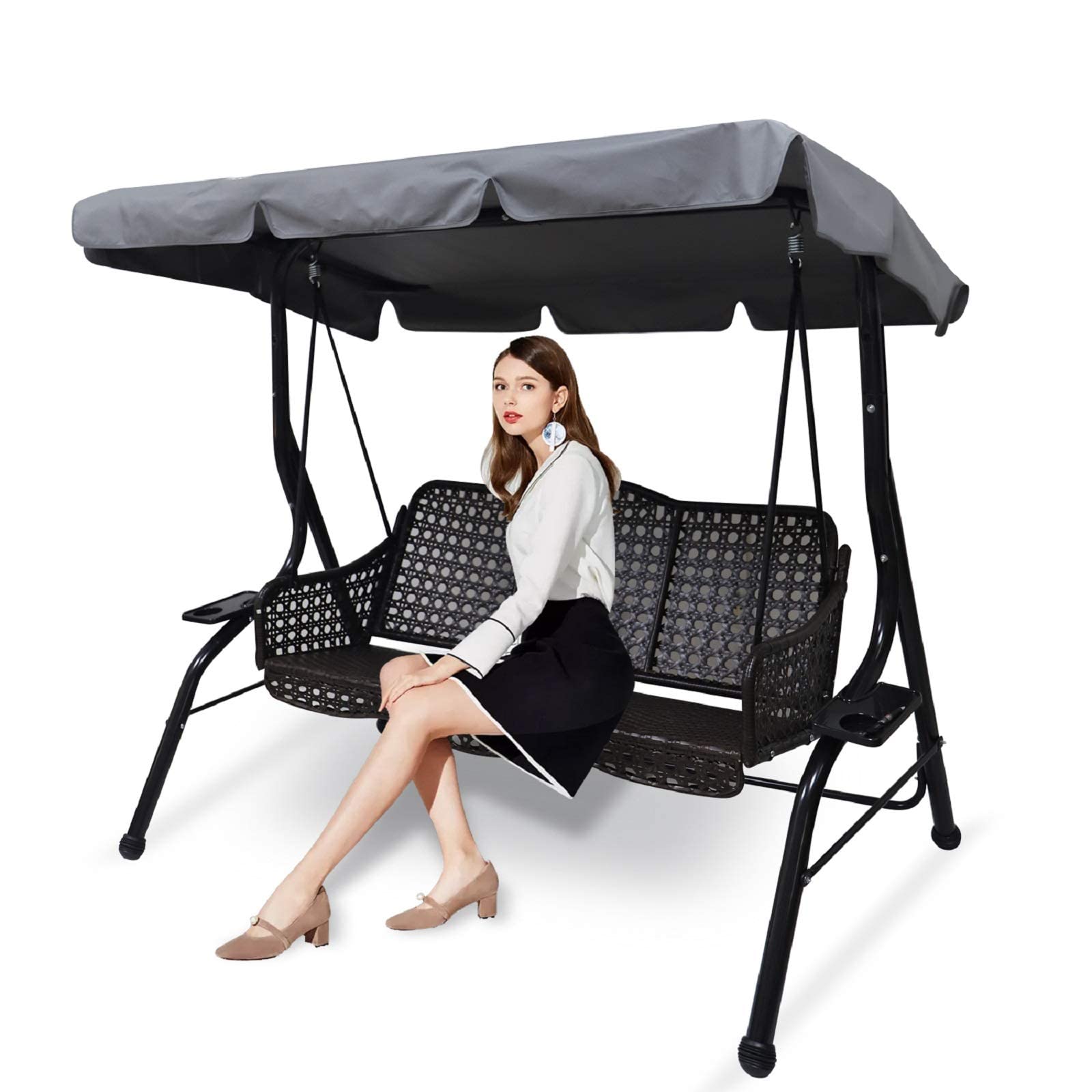 Outdoor Patio Swing Chair Canopy Replacement, 3 Seater Porch Swing Seat Canopy Cover, Waterproof Windproof Anti-Uv Heavy Duty Rip Proof Garden Hammock Top Cover, Garden Furniture Covers (Grey, Small)