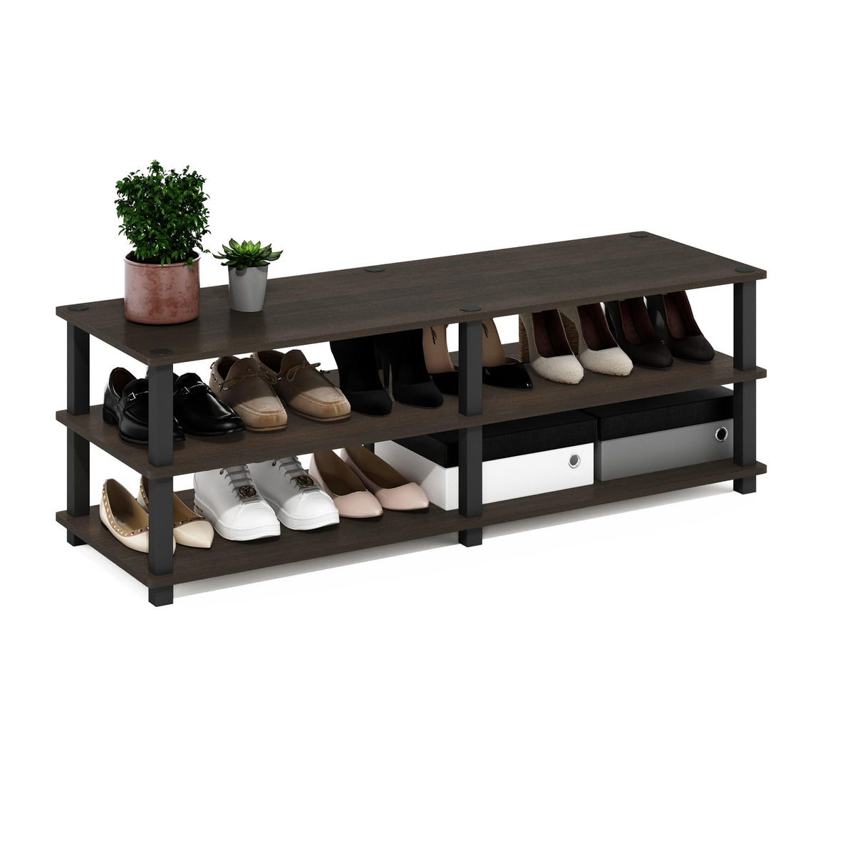 Furinno 14038Dbr/Bk Tst No Tools 3Tier Wide Shoe Storage Rack, Dark Brown/Black 47 Inch