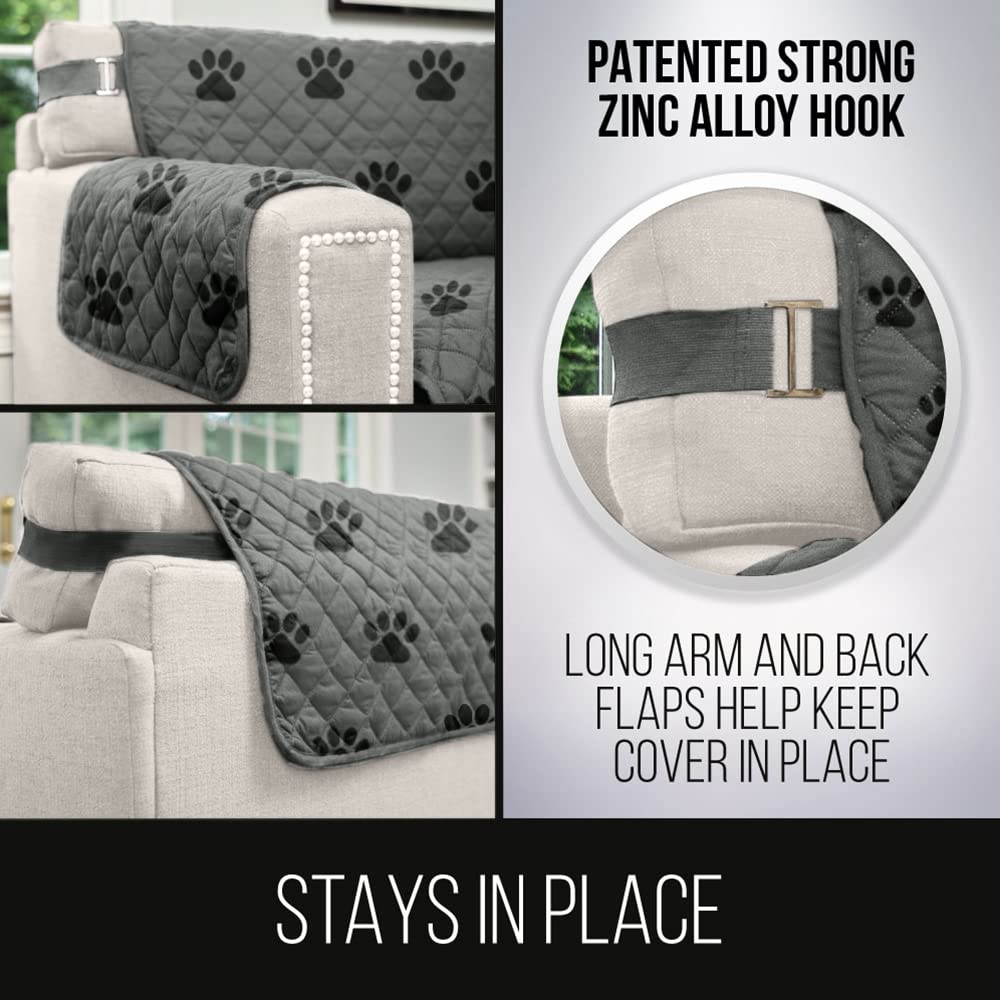 Sofa Shield Patented Couch Cover, Large Furniture Protector With Straps, Reversible Tear And Stain Resistant Slipcovers, Quilted Microfiber 62” Seat, Washable Covers For Dogs, Kids, Paw Gray Black
