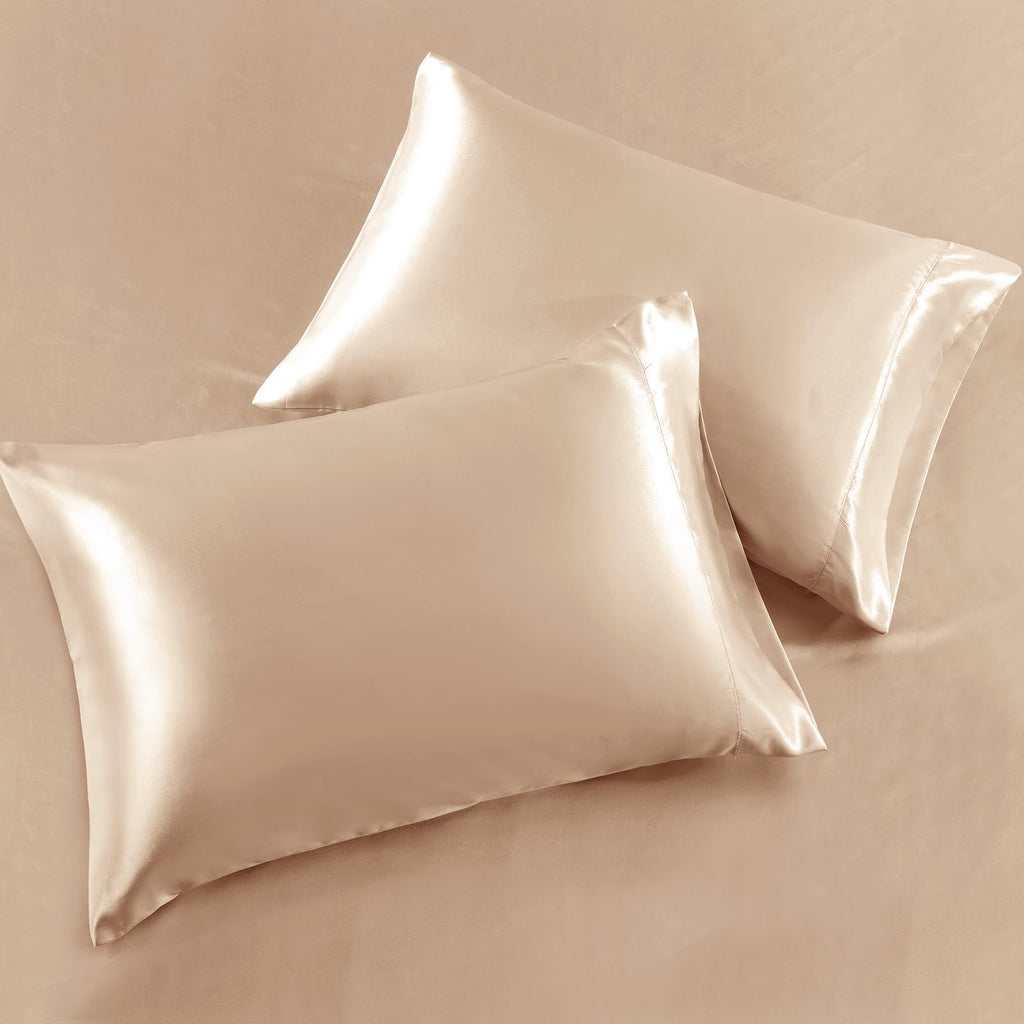 Siinvdabzx 3-Piece Set Satin King Fitted Sheet & 2 Pillowcase, Beige Silky Soft Fitted Bottom Sheet, Wrinkle Free, Fade Resistan