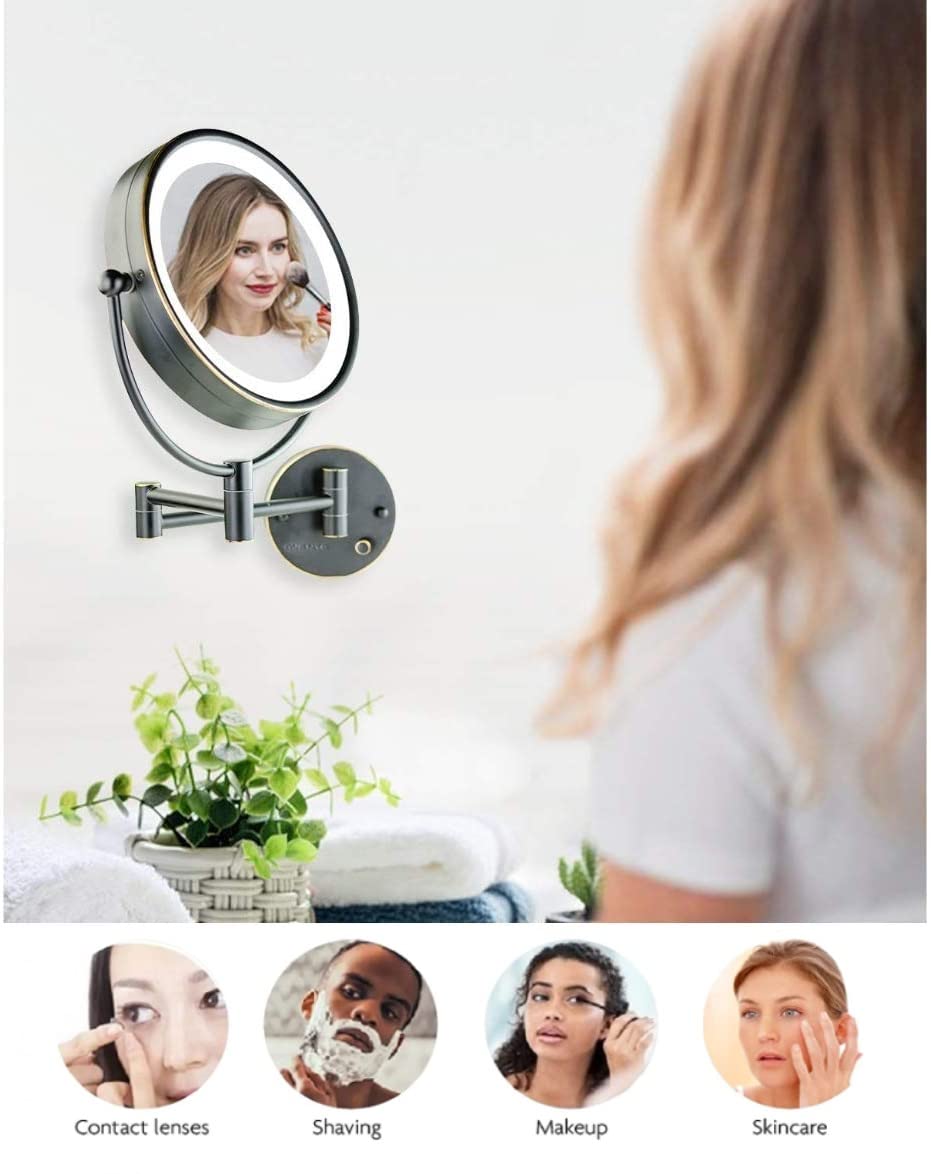 Ovente 9' Lighted Wall Mount Makeup Mirror - 1X/ 7X Magnifier, Hardwired Glow Cosmetic Light Mirror, Spinning 360-Degree, Doubl
