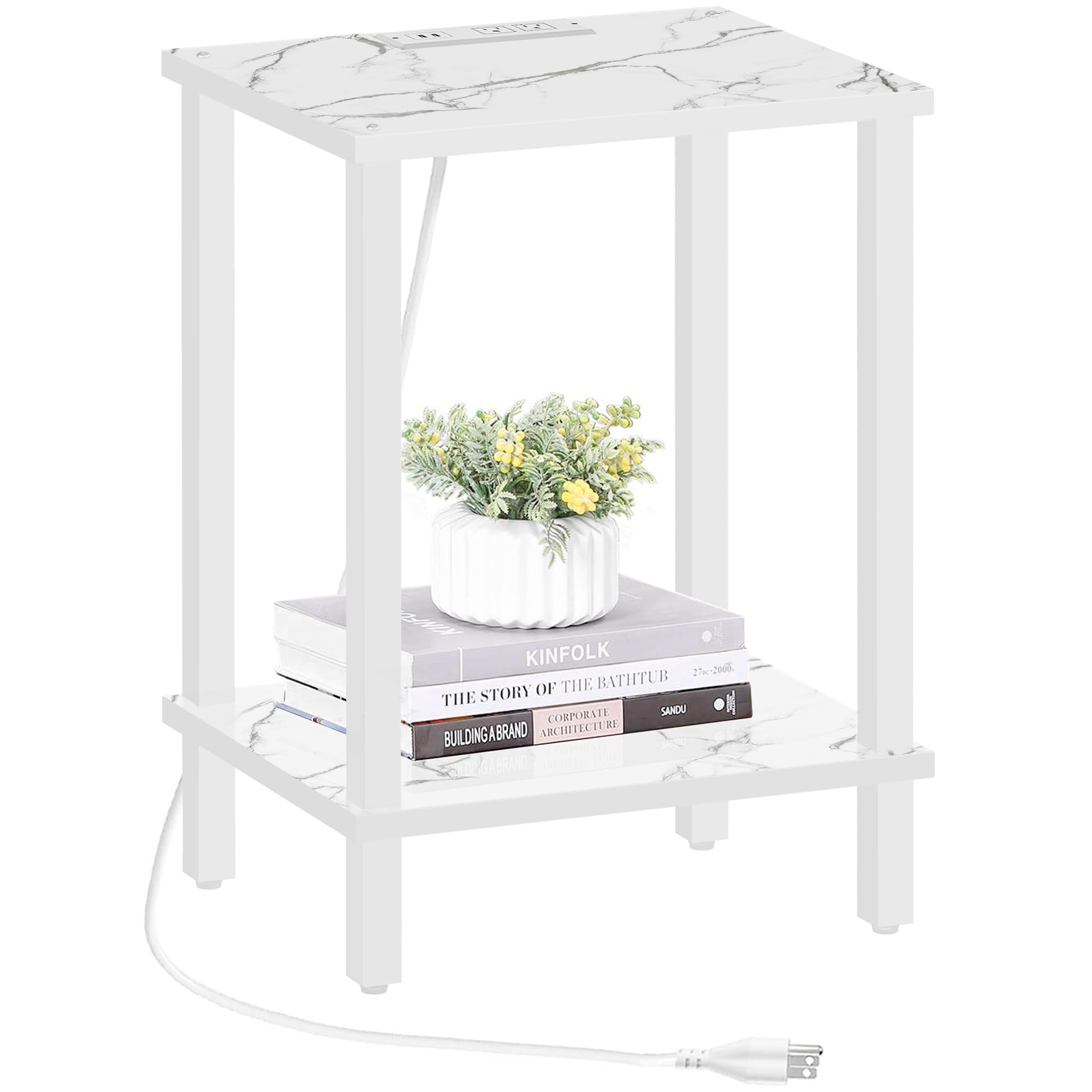 Tutotak End Table With Charging Station, Side Table With Usb Ports And Outlets, Nightstand, 2-Tier Storage Shelf, Sofa Table For Small Space Tb01Bmw040
