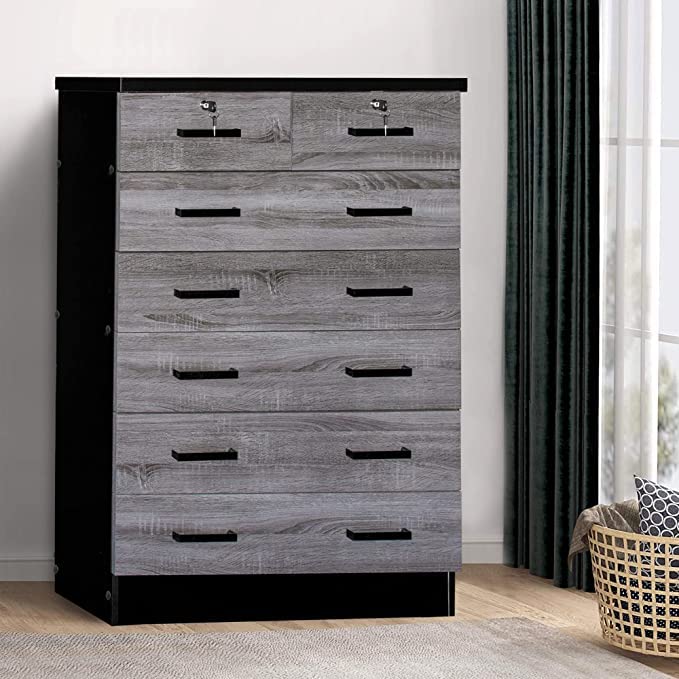 Better Home Products Cindy 7 Drawer Chest Wooden Dresser With Lock (Black & Grey)