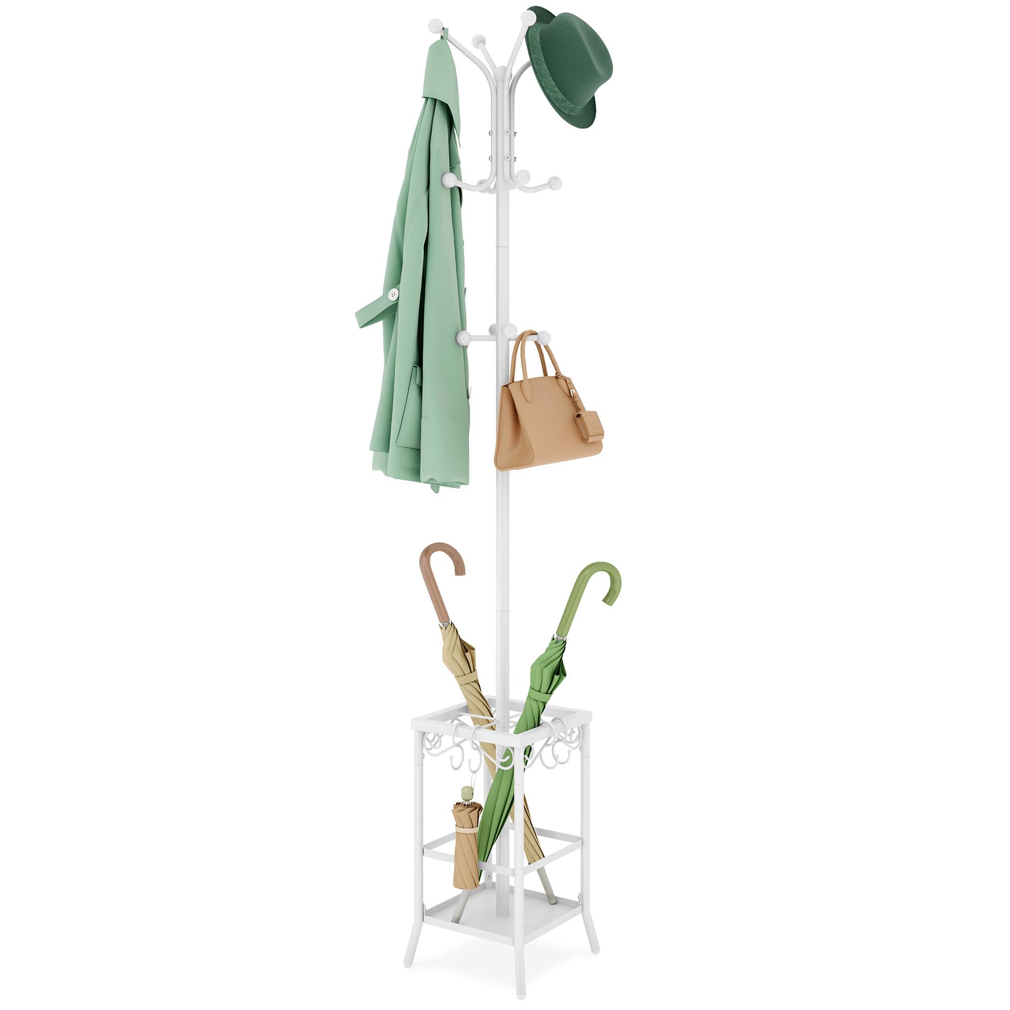 Hoctieon Coat Rack Freestanding, Entryway Coat Hanger Stand, Umbrella Holder, Hall Tree With 12 Hooks, Floor Standing Metal Tree