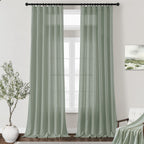 Dukiyo Sage Green Linen Curtains 132 Inch Length 2 Panels For High Living Room Semi Sheer Light Filtering Extra Long 132 Inch Cu