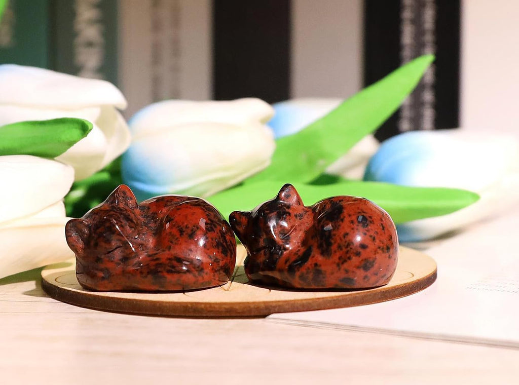 Qinjiejie Red Obsidian Cat Crystals Decor Sleeping Cat Statue Healing Stone Decors Gift Pocket Polished Gemstones Figurine Offic