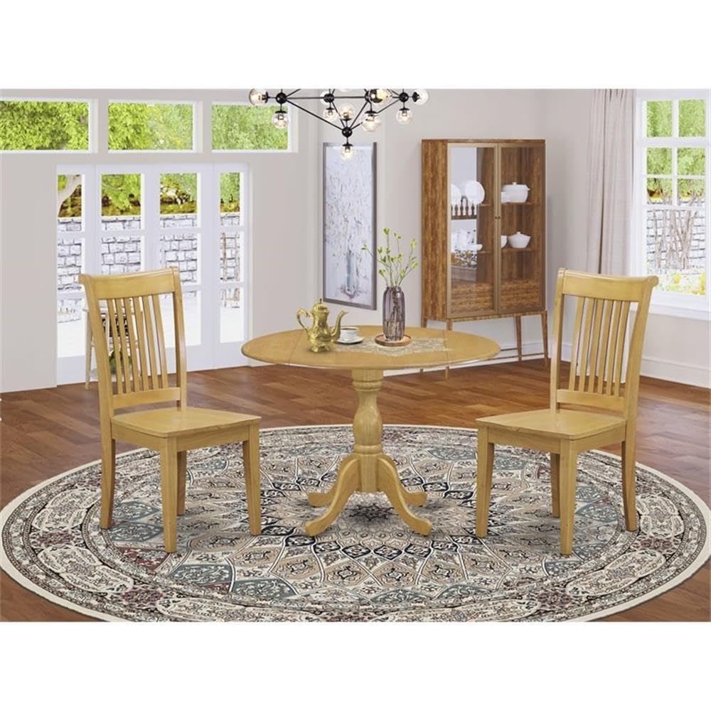 East West Furniture DMPO3-OAK-W 3 Piece Dining Room Furniture Set Contains a Round Kitchen Table with Dropleaf and 2 Dining Chairs, 42x42 Inch, Oak