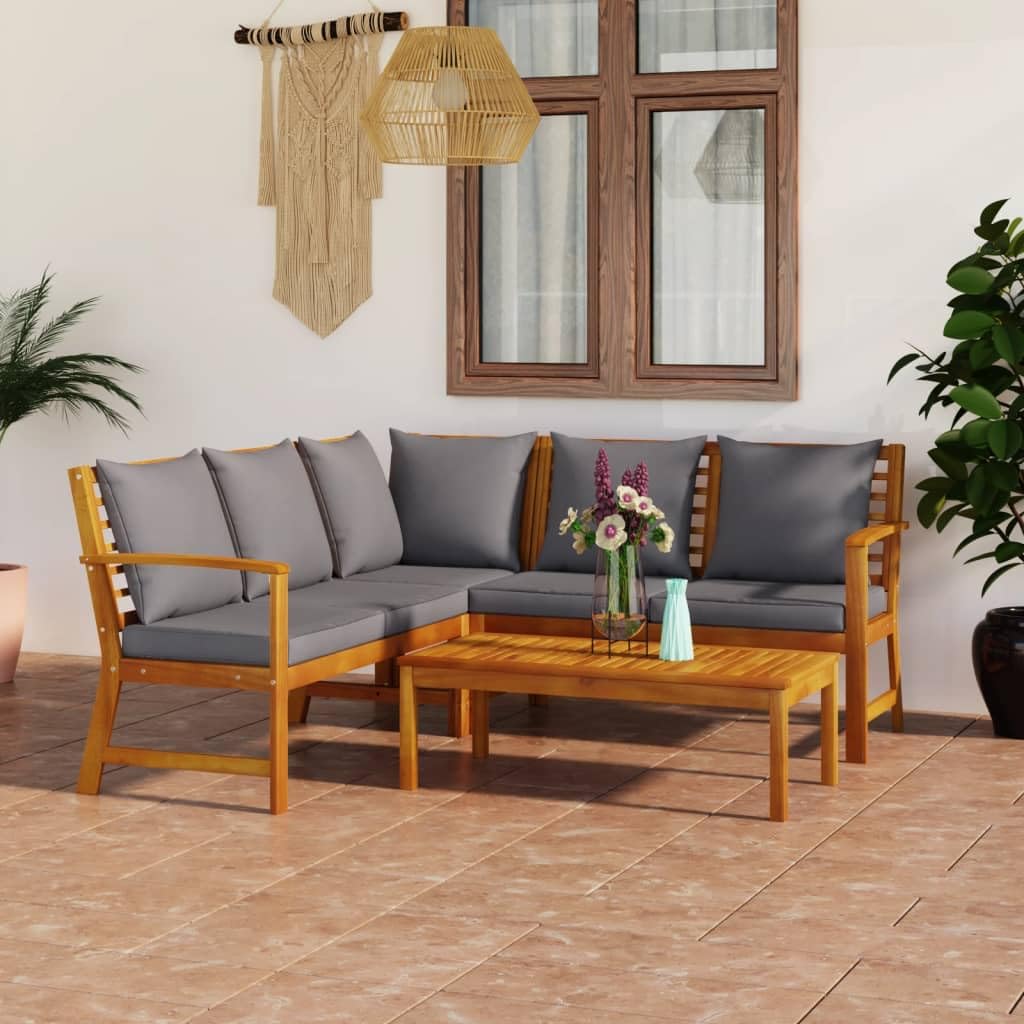 vidaXL 4-Piece Oil Finished Acacia Wood Patio Lounge Set - Modern Style Outdoor Seating with Coffee Table and Cushions - Dark Gray