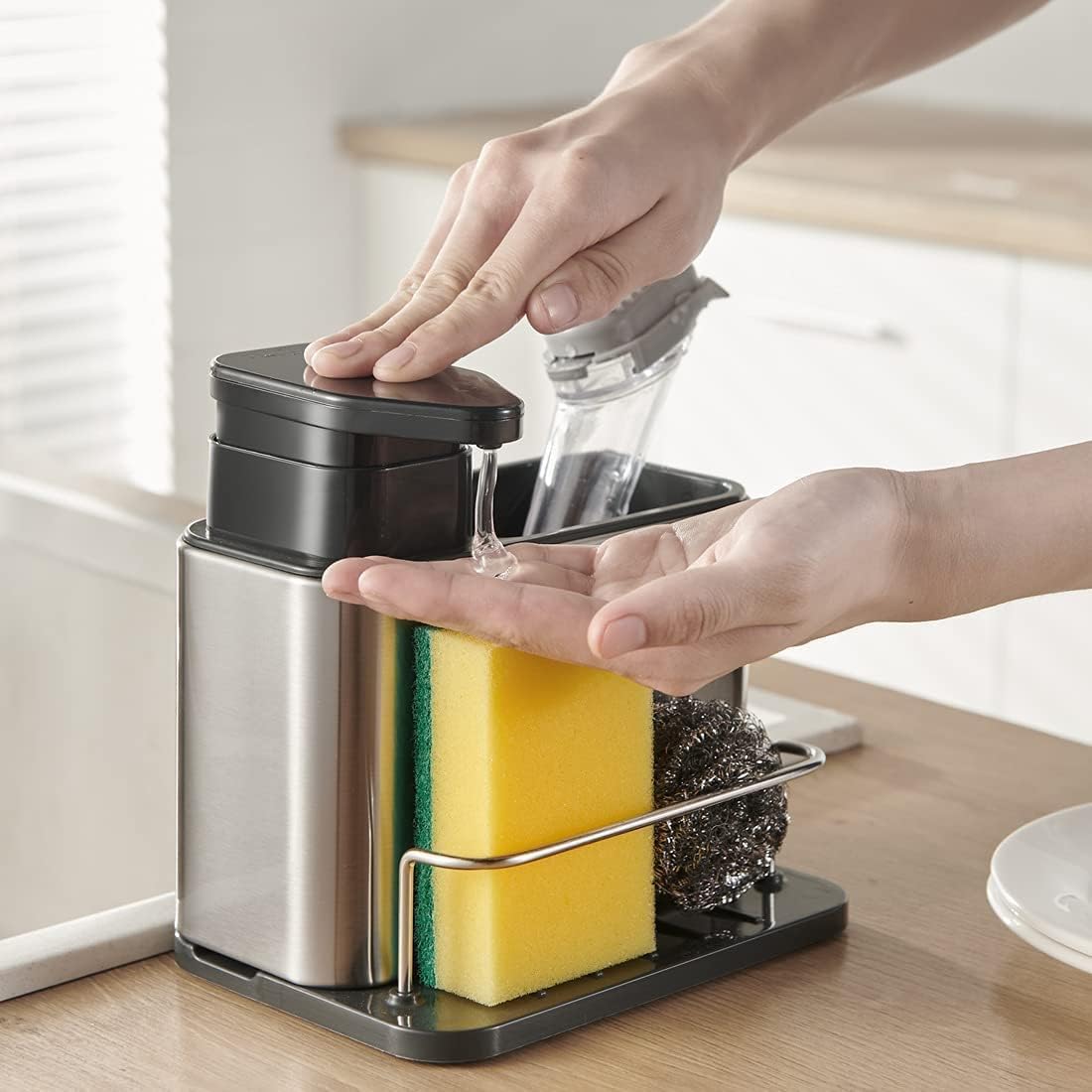 ROMILAS Kitchen Sink Organizer 4in1 Caddy Stand | Stainless Steel 3in1 Sink Organizer with Soap Dispenser, Sponge & Brush Ho