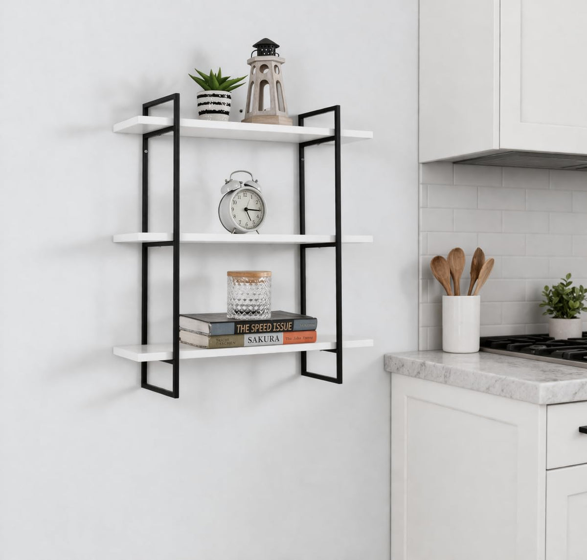 DDS Dream Decor Shoppee Three Tier Metal & Engineered Wood Kitchen Rack Floating Shelves for Wall Dcor Storage, Wall Shelves, Wa