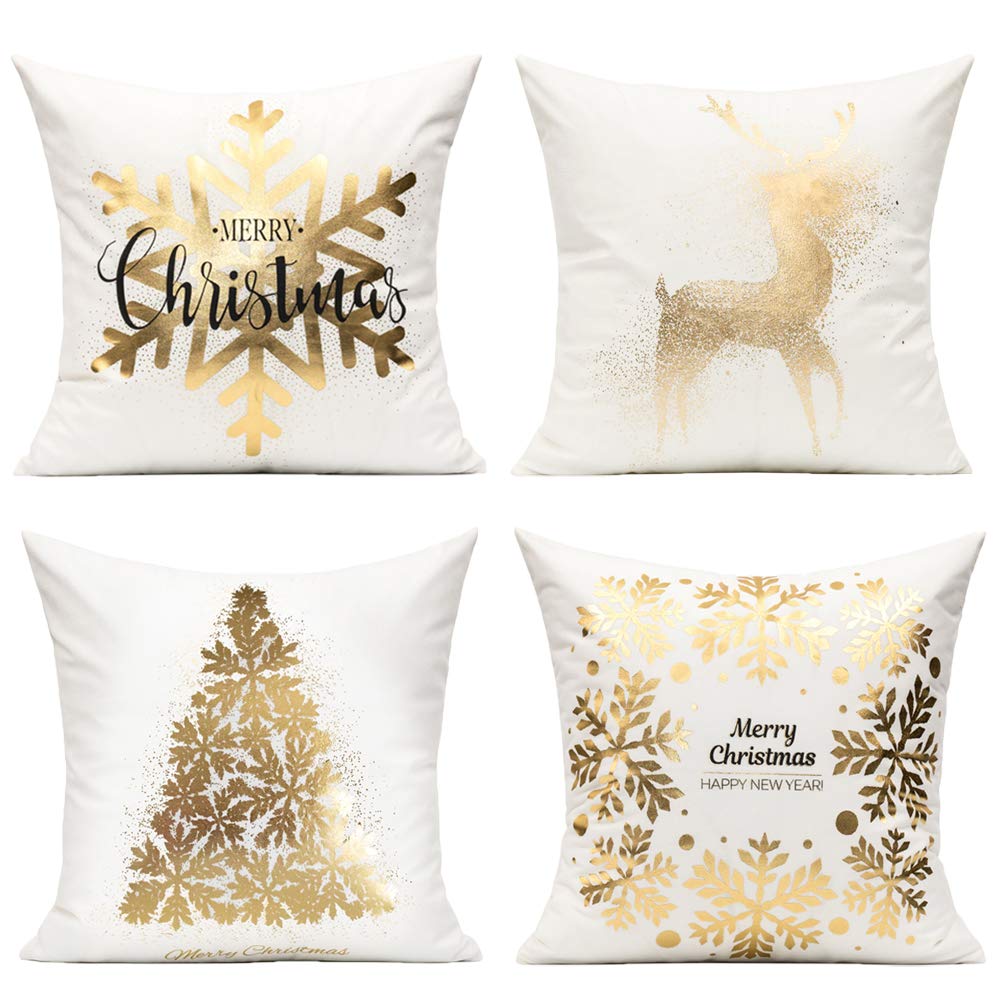 All Smiles White Gold Christmas Decorations Throw Pillow Covers 18X18 Set Of 4 Winter Xmas Navidad Home Holiday D  Cor Velvet Cu