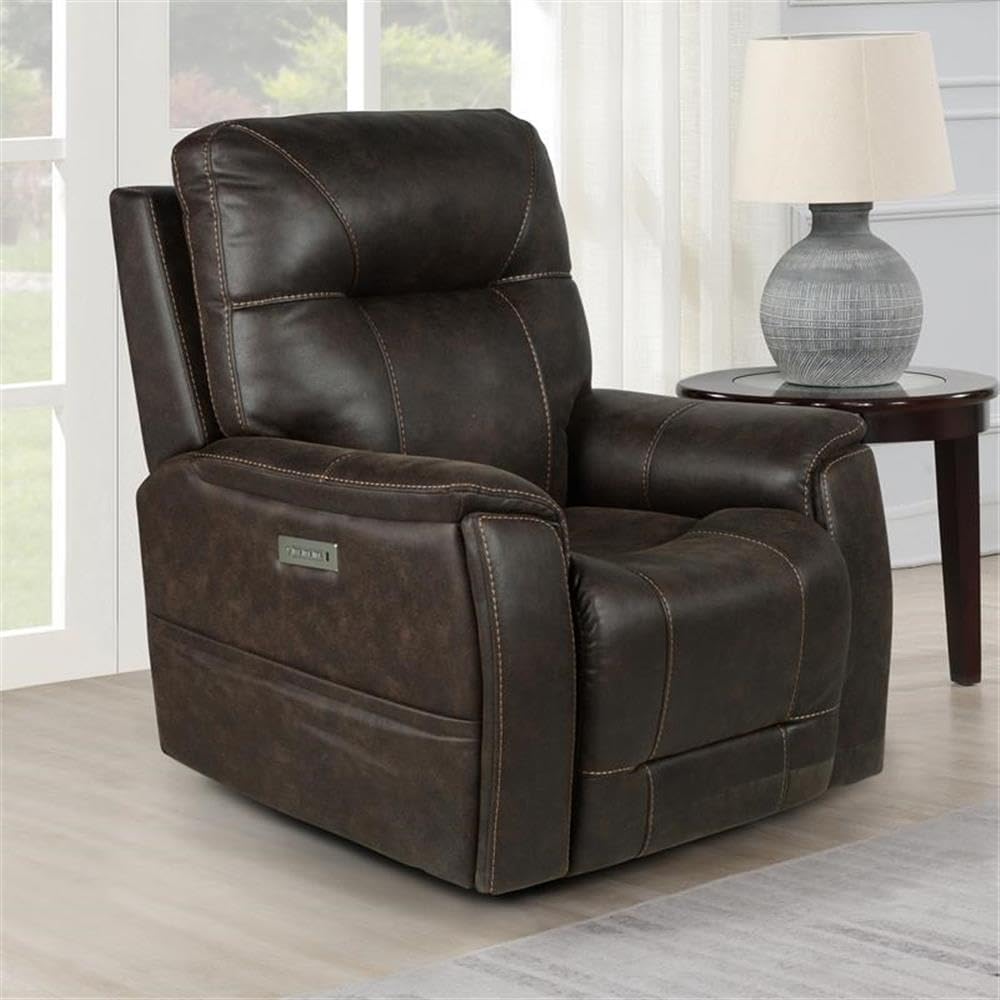 Steve Silver Lexington Triple Power Canyon Walnut Leatherette, Power Headrest, Footrest, Lumbar, Transitional Design, Lighted Cupholders, Recliner Chair, 38" L x 42" W x 42" H, Brown