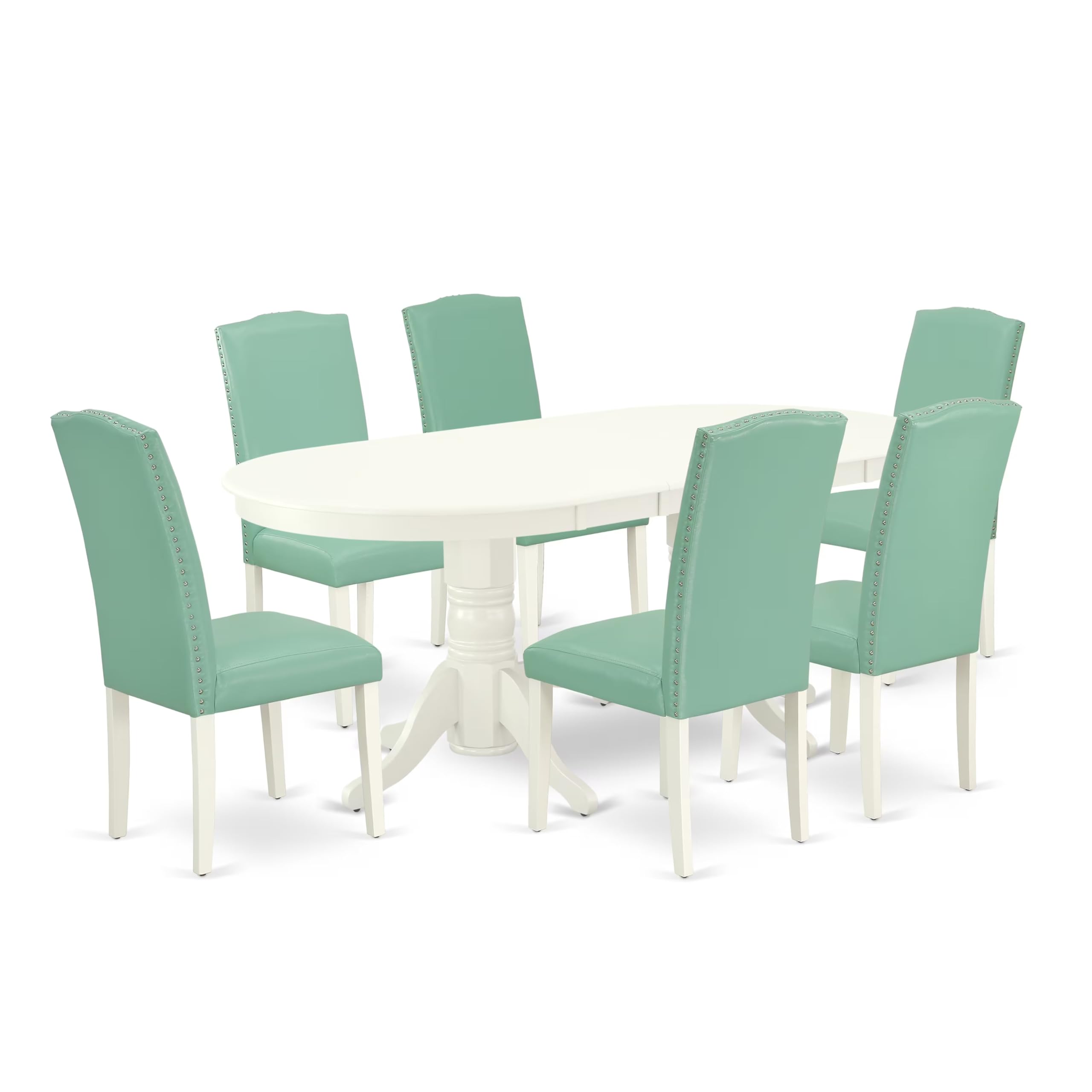 East West Furniture Vaen7-Lwh-57 7 Piece Dining Set Consist Of An Oval Dining Room Table With Butterfly Leaf And 6 Pond Faux Leather Upholstered Parson Chairs, 40X76 Inch, Linen White