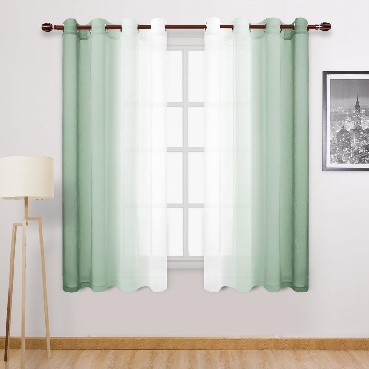 Dwcn Light Sage Faux Linen Ombre Sheer Curtains - 63 Inches Long Gradient Semi Voile Curtains For Bedroom And Living Room, Set O