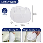 TECHMILLY 90L Collapsible Mesh Laundry Hamper - White, Large Opening with Strong Handles & Side Pockets for Dorm, Bathroom, Travel