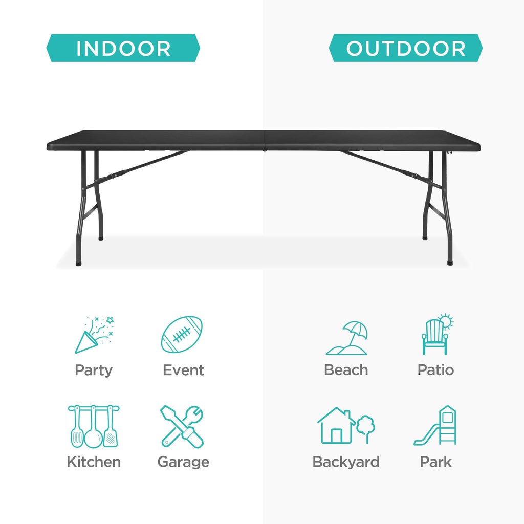 Best Choice Products 8Ft Plastic Folding Table, Indoor Outdoor Heavy Duty Portable W/Handle, Lock For Picnic, Party, Pong, Camping - Black
