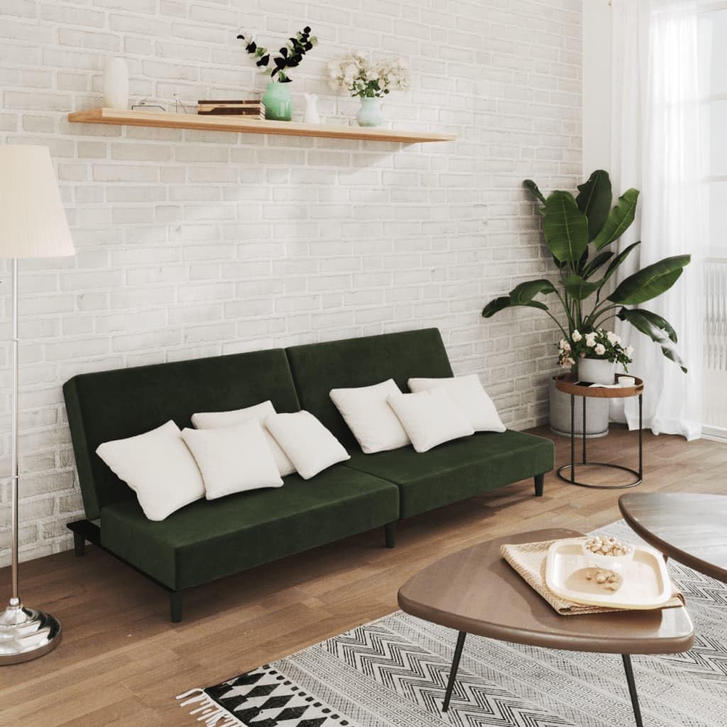 vidaXL 2-Seater Velvet Sofa Bed - Convertible Sleeper Loveseat in Dark Green, Multi-Purpose with Sturdy Wood Frame, for Home/Office
