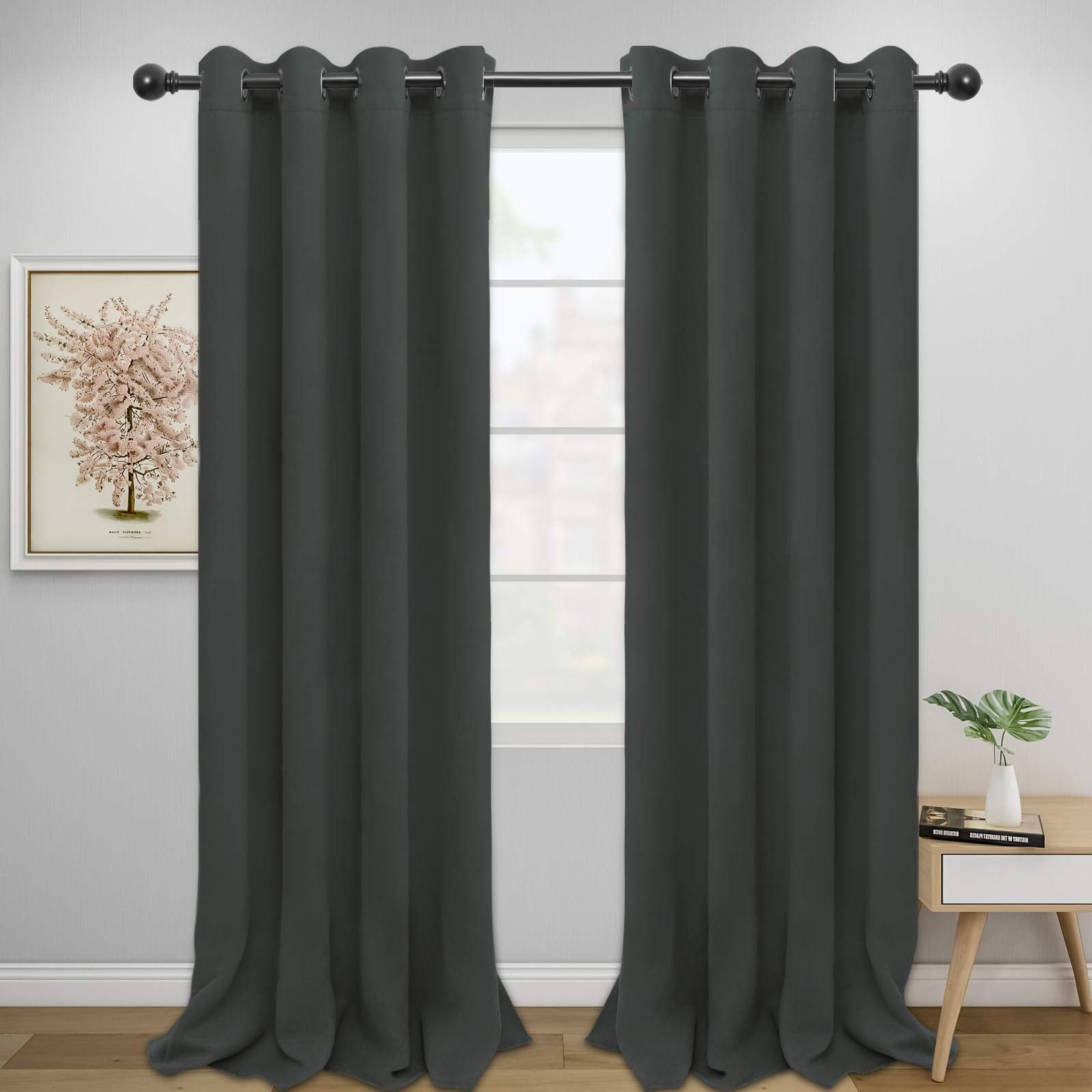 Easy-Going Blackout Curtains For Bedroom, Solid Thermal Insulated Grommet And Noise Reduction Window Drapes, Room Darkening Curtains For Living Room, 2 Panels(52X96 In,Dark Gray)