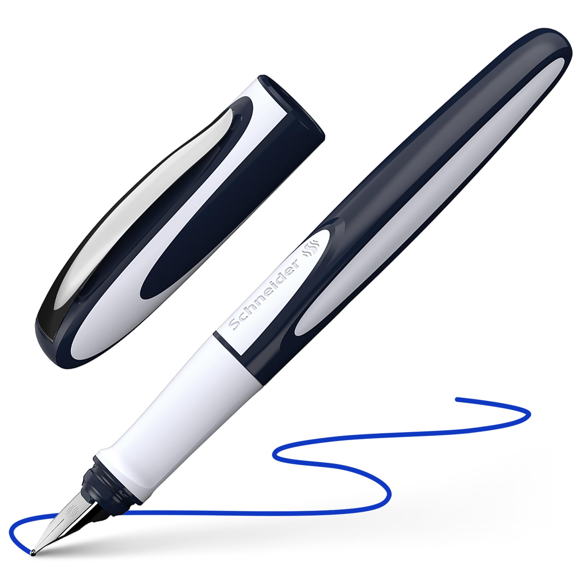 Schneider Ray Fountain Pen M (Medium), Refillable, Dark Blue/Light Gray Barrel, Royal Blue Erasable Ink Cartridge, Pack Of 1 Pen