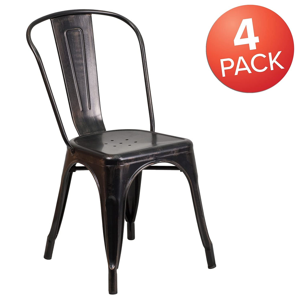 Flash Furniture Luke Commercial Grade 4 Pack Black-Antique Gold Metal Indoor-Outdoor Stackable Chair