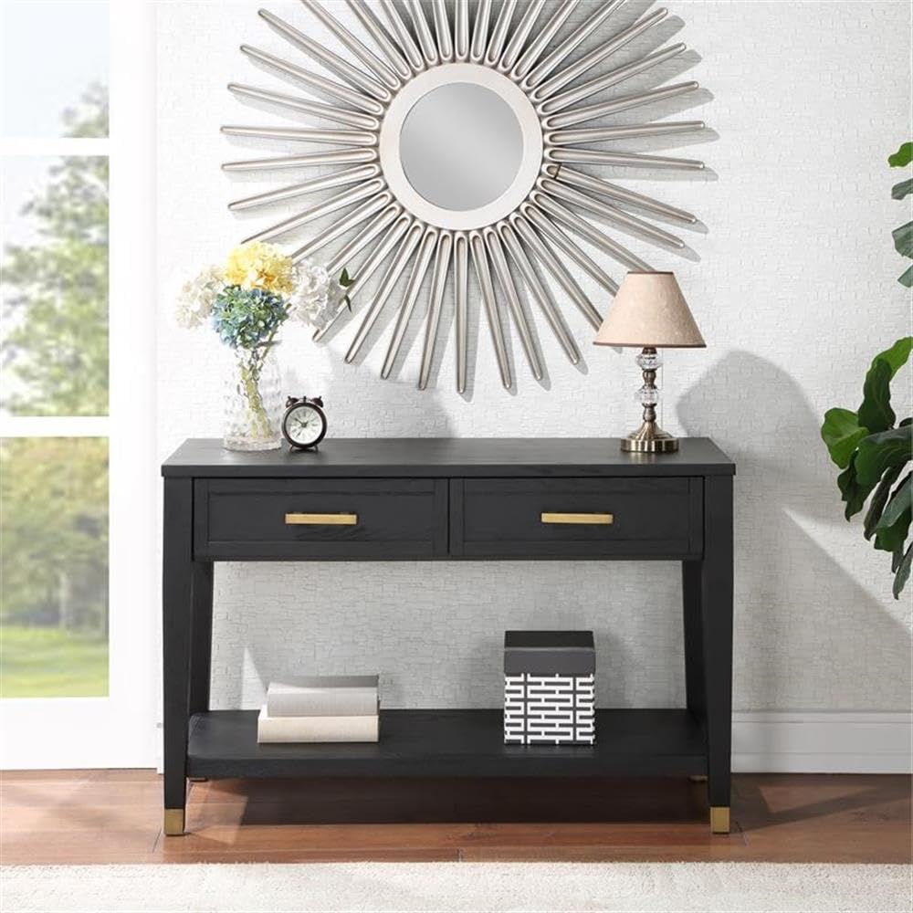 Steve Silver Co Yves Modern Console Sofa Dual Drawers, Bottom Shelf Table, 48 x 18 x 30, Rubbed Charcoal with Brushed Brass Accents