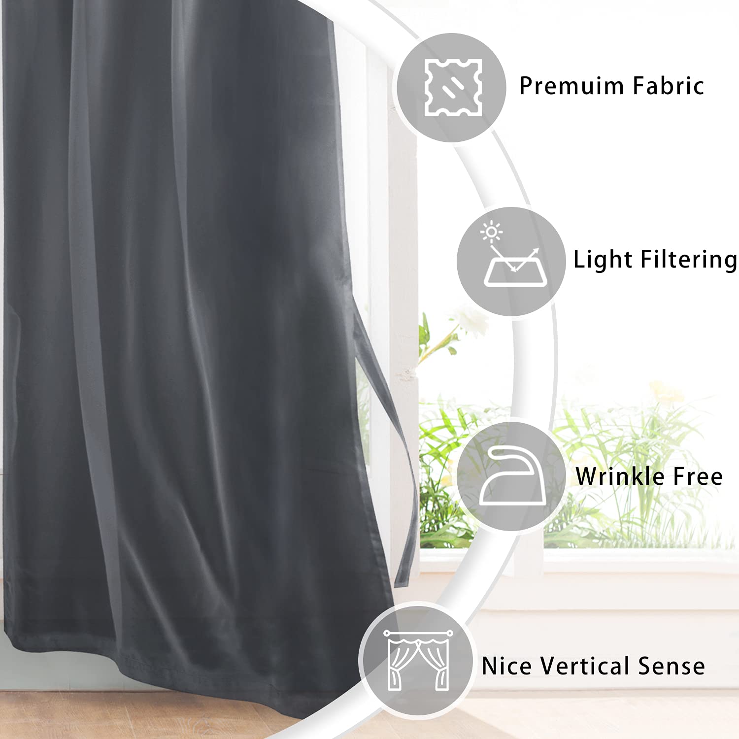 Hiasan Dark Grey Sheer Curtains 84 Inches Long With Tiebacks, Light Filtering Airy Voile Textured Drapes Lightweight Window Curtains For Bedroom, Living Room, Patio Door, W52 X L84, 2 Panels