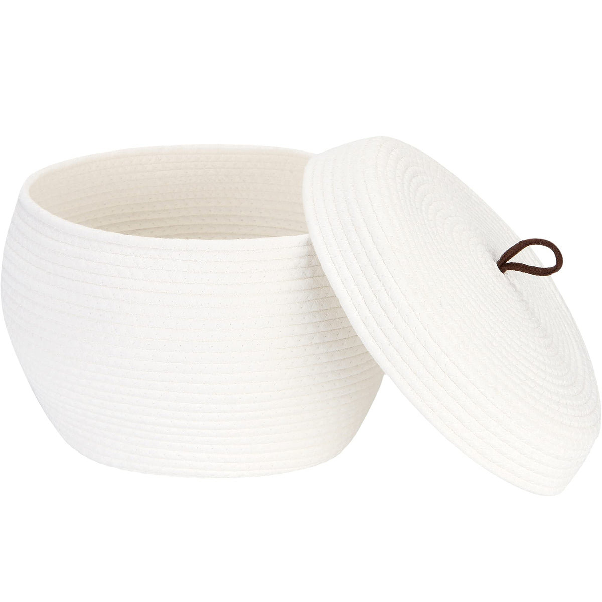 Sea Team Round Woven Cotton Rope Storage Basket with Lid, White