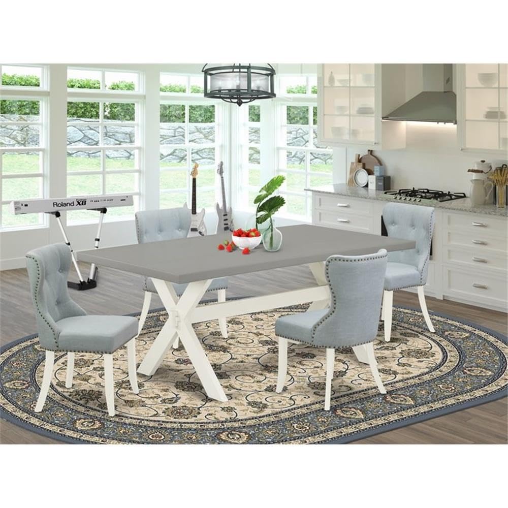 East West Furniture X097Si215-5 5 Piece Dining Set Includes A Rectangle Dining Room Table With X-Legs And 4 Baby Blue Linen Fabric Upholstered Parson Chairs, 40X72 Inch, Multi-Color