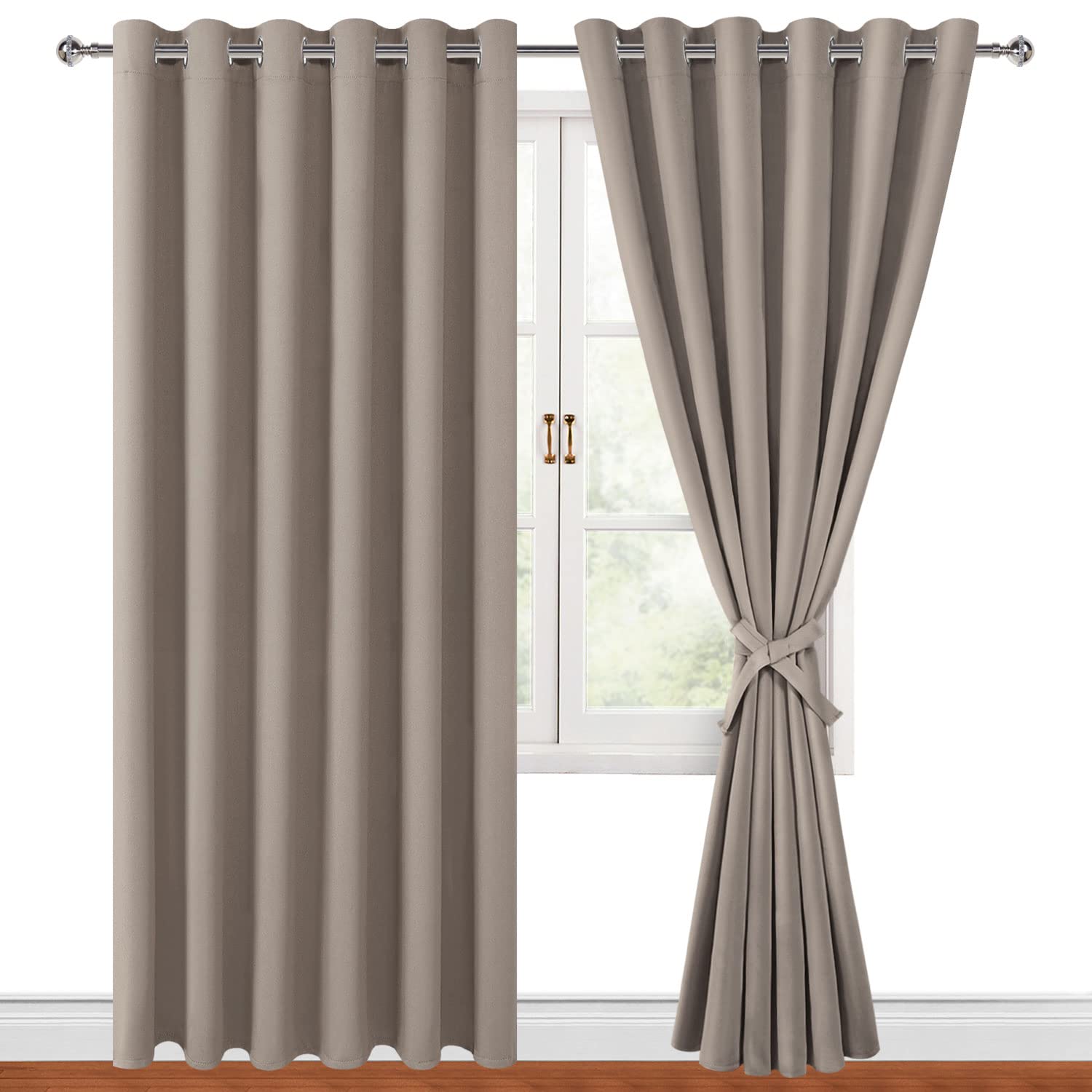Hiasan Grommet Blackout Curtains For Bedroom, 70 X 84 Inches - Thermal Insulated & Light Blocking Window Drapes For Living Room/Dorm Room, Set Of 2 Panels Sewn With Tiebacks, Taupe