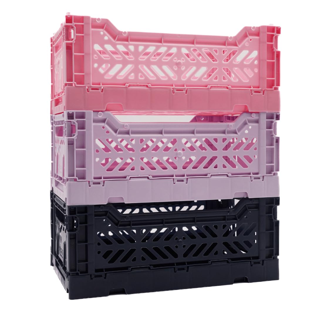 Collapsible Storage Box, Foldable Crate Organizer Bin With Handle, Stackable Crates For Home Organization (Navy-Lilac-Pink, 4L -