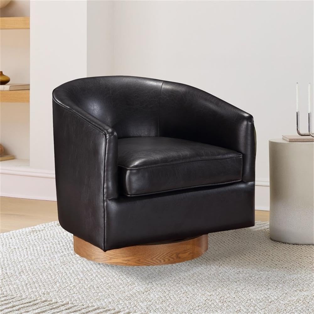 Comfort Pointe Irving Brown Faux Leather Wood Base Barrel Swivel Chair