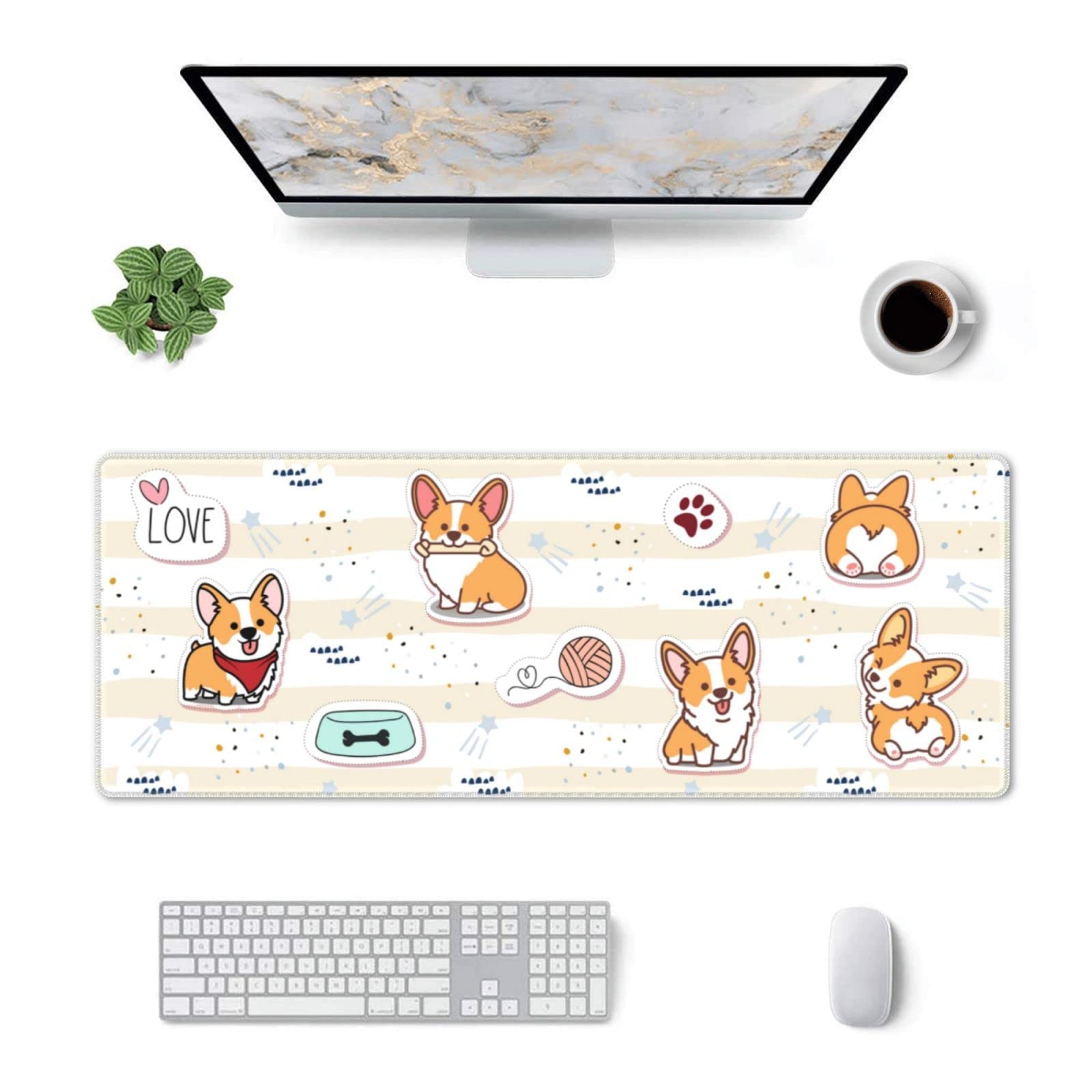 Cute Dog Mouse Pad Stitched Edge Xl Large Mousepad 31.5' X 12' Rubber Base Non Slip Desk Mat For Laptop Pc Computer Gaming