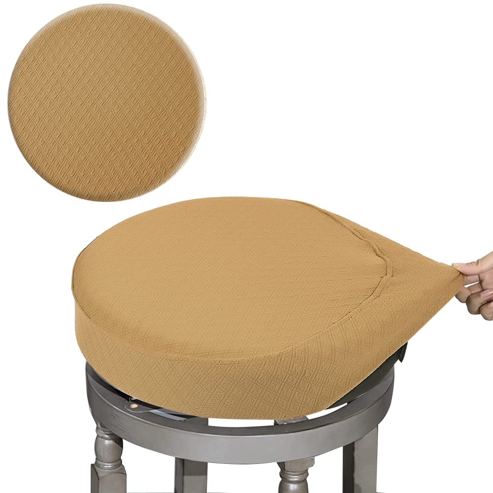 Buyue Bar Stool Covers, Luxury Fabric Dia.16-18' Round Crease-Resistant Stretchy Washable Jacquard Dustproof Stool Seat Slipcover, L-Ocher-1 Count