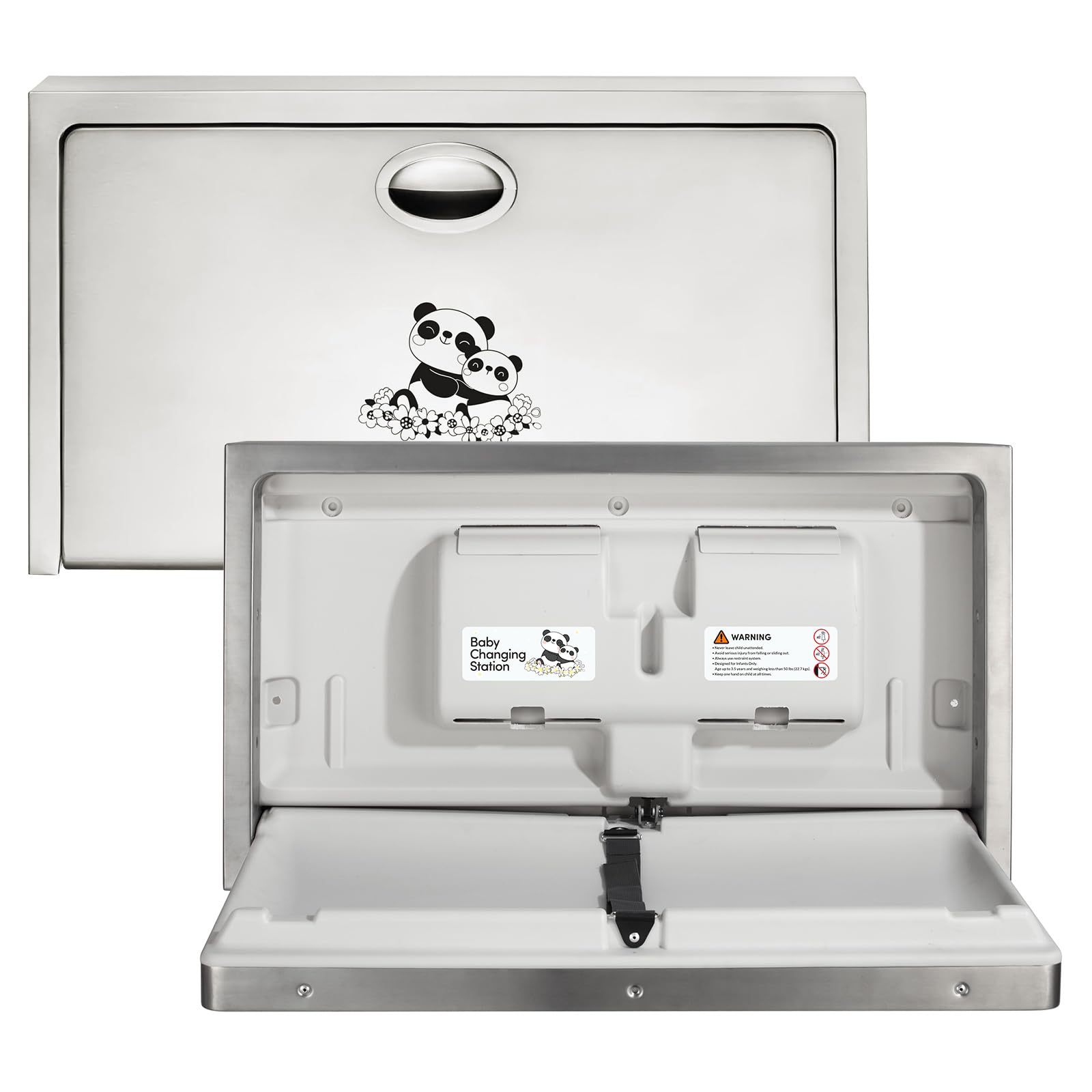 Stardrix Panda Care Stainless Steel Surface Mounted Baby Changing Station, Heavy Duty Foldable Diaper Changing Table with Liner 