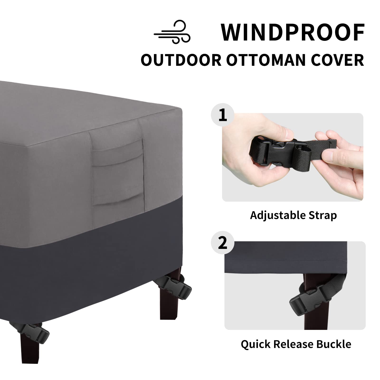 Easy-Going Outdoor Ottoman Cover, Waterproof Patio Ottoman Cover, Heavy Duty Outdoor Furniture Cover With Padded Handles (34'X24'X17', Gray/Dark Gray)