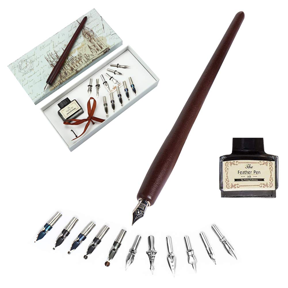 Calligraphy Pens Set -Wooden Dip Pen Handcrafted Calligraphy Set With 11 Nibs & Black Ink