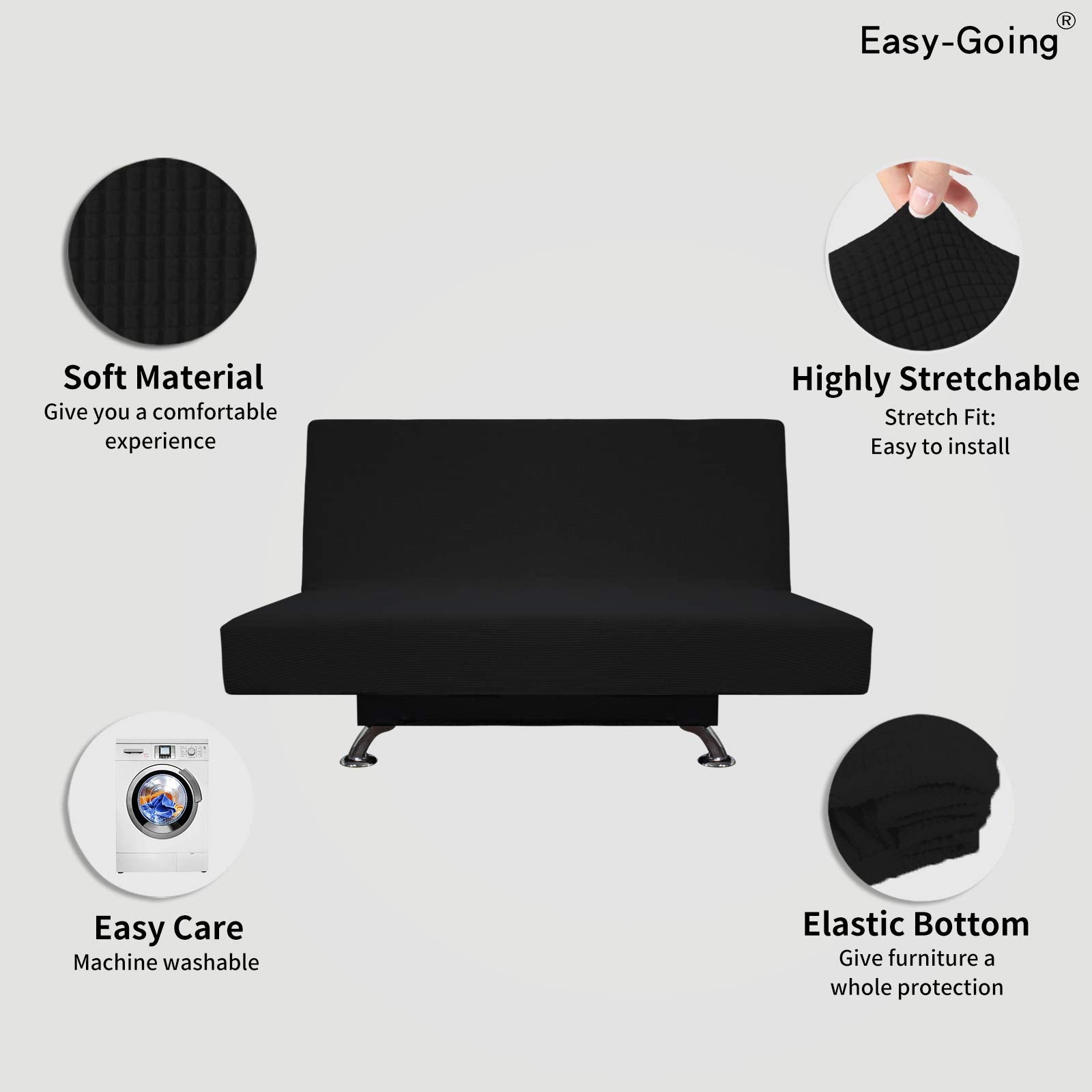 Easy-Going Stretch Futon Slipcover Armless Futon Bed Cover Furniture Protector Without Armrests With Elastic Bottom For Kids, Soft Jacquard Fabric Small Checks (Medium, Black)