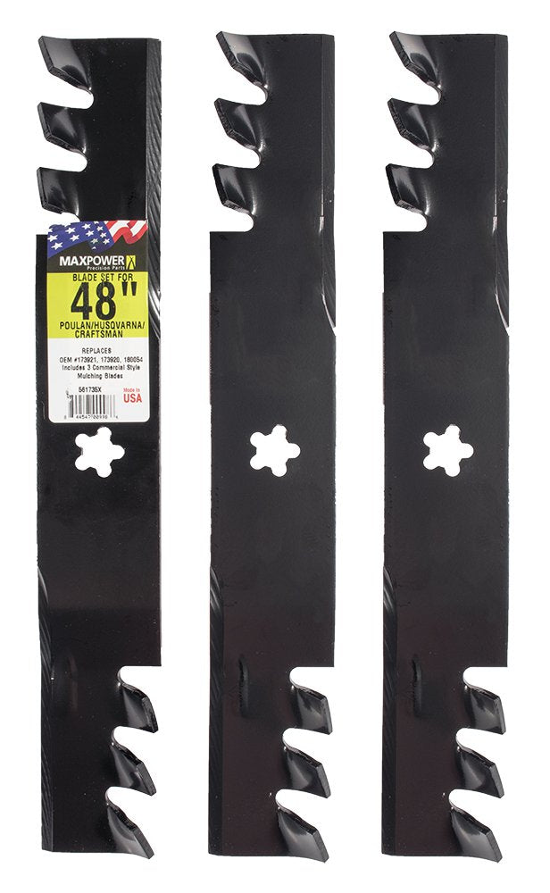 Maxpower 561735Xb 3 Blade Commercial Mulching Set For 48' Cut Craftsman, Husqvarna, Poulan, Replaces Oem No. 173921, 532173921,