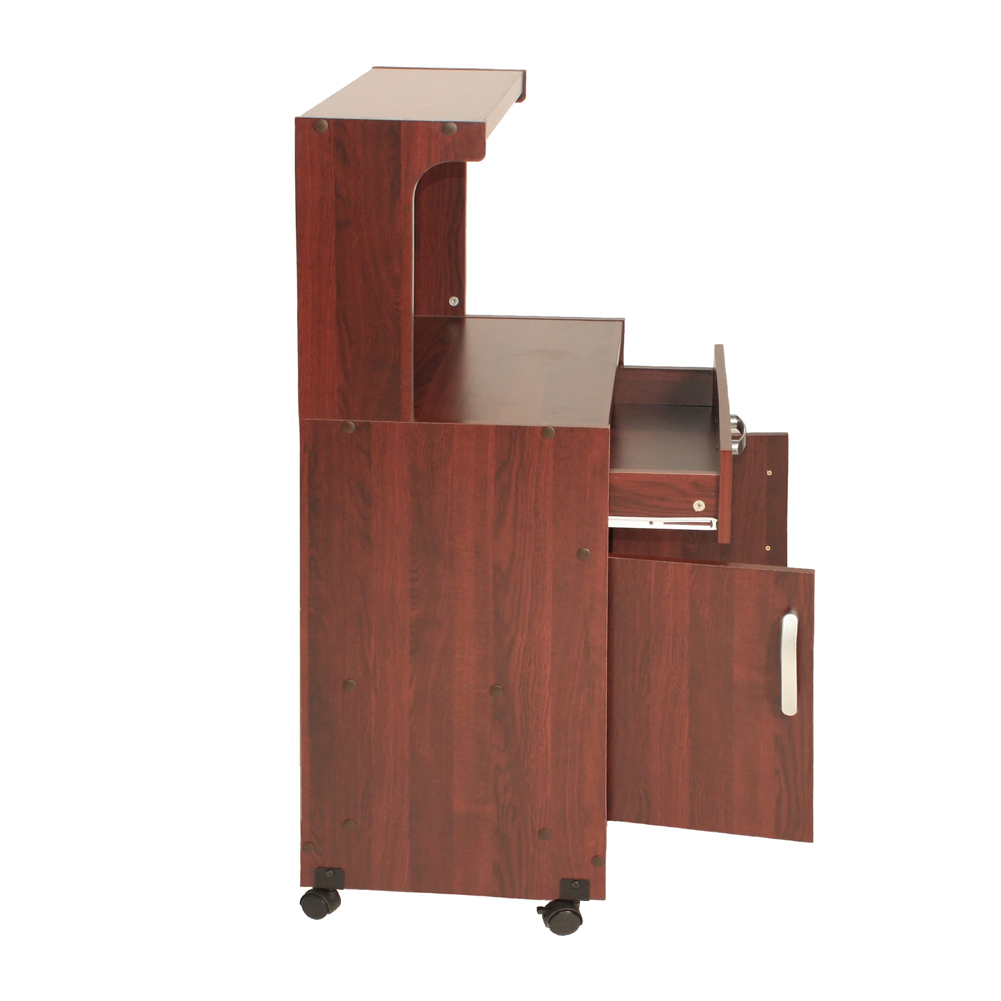 Shelby Kitchen Wooden Microwave Cart with One Drawer and Two Doors. Rolling Kitchen Cart (Mahogany) Easy Assembly