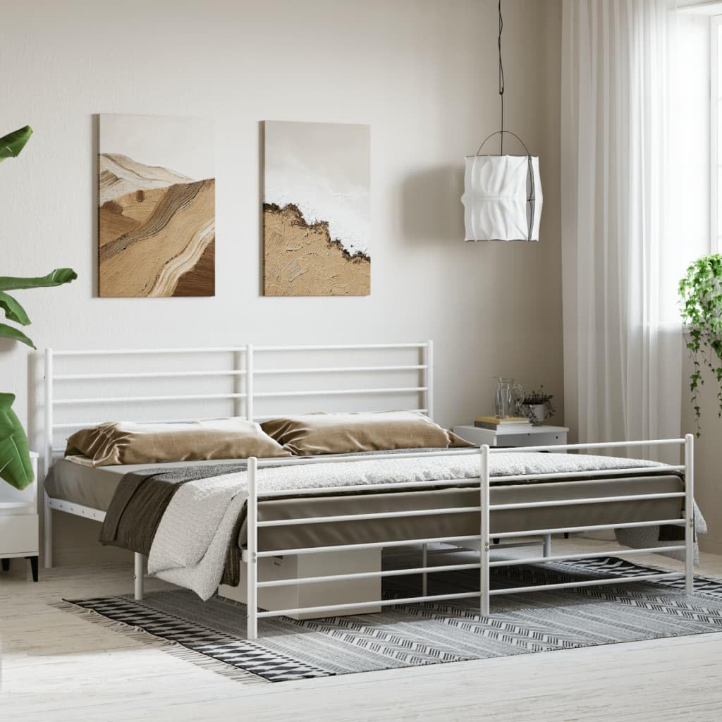 vidaXL 12 Inch California King Metal Bed Frame with Headboard & Footboard, No Box Spring Needed, Noise Free Platform Bed Frame with Steel Slats, Easy Assembly, Under Bed Storage, Minimalist, White