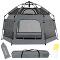 Pop Up Playpen for Babies with Canopy & Safety Lock - Outdoor Baby Playpen with 6 Ground Stakes & 6 Sand Stakes, UV Protection &